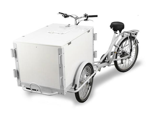 Omcan 46660 Front Load Ice-Cream Bike / Cargo Bike with Non-Insulated White Wooden Box and Vending Lid - White
