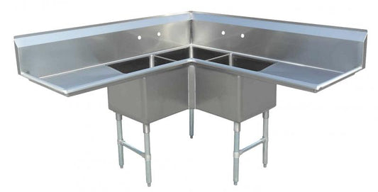 Omcan 43073 18" x 18" x 14" Three Tub Sink with Two Drain Boards and Corner Sink