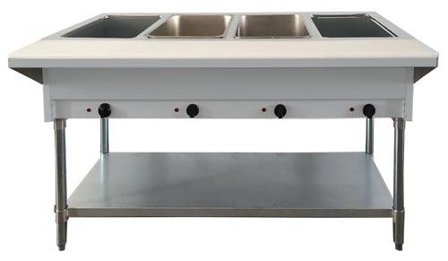 Omcan 47364 4 Pan Open Well Propane Steam Table with Cutting Board and Undershelf