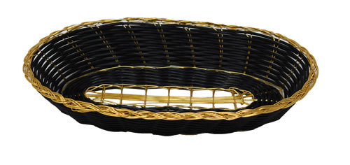 Omcan 47193 9" x 4.25" x 2" Black Long Oval Woven Basket with Golden Trim