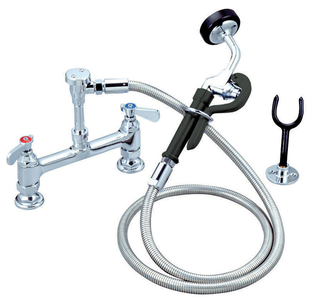 BK Resources BKF-8DMUS-G Chrome-Plated Brass Optiflow Utility Spray Faucet, 8" O.C. Deck Mount, 72" SS Braided Hose