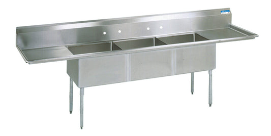 BK Resources BKS-3-24-14-24T 3-Compartment Stainless Steel Sink w/ Dual 24" Drainboards 24L X 24W X 14D Bowls