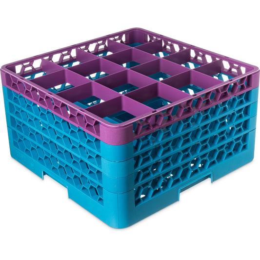 Carlisle RG16-4C414 Lavender-Carlisle Blue 16-Compartment Polypropylene OptiClean Divided Glass Rack with 4 Extenders 10.3"