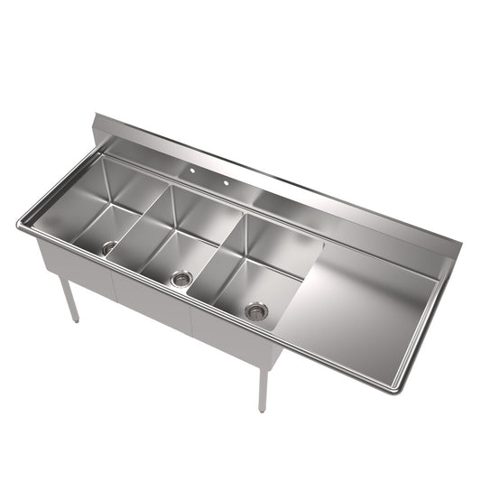 BK Resources BKS-3-1824-14-24R 3-Compartment Stainless Steel Sink w/ 24" Right Drainboard 24L X 18W X 14D Bowls