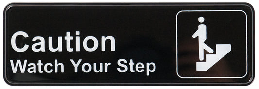 Winco SGN-326 3" x 9" Black Information Sign - "Caution Watch Your Step"