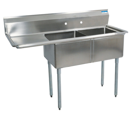 BK Resources BKS-2-18-12-18L 2-Compartment Stainless Steel Sink w/ 18" Left Drainboard 18L X 18W X 12D Bowl