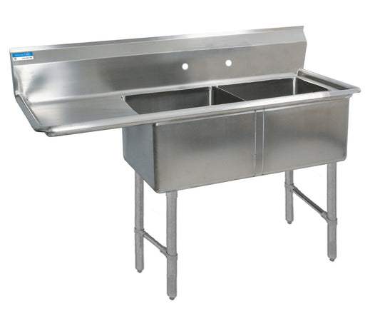 BK Resources BKS6-2-18-14-18LS 2-Compartment Stainless Steel Sink 10" Riser Left Drainboard 18L X 18W X 14D Bowls