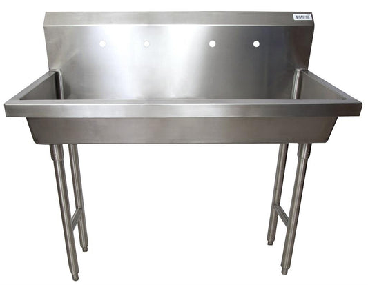 BK Resources MSHS-48F2 48" 2-Station Stainless Steel Freestanding Handwash Sink, 8" O.C. Splash Mount