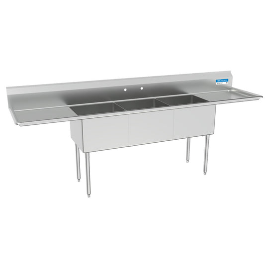 BK Resources BKS-3-20-14-24T 3-Compartment Stainless Steel Sink w/ Dual 24" Drainboards 20L X 20W X 14D Bowls