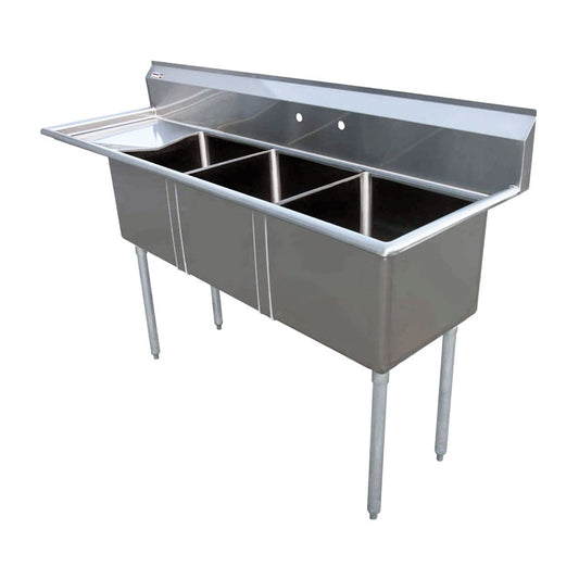 Omcan 22115 18" x 18" x 11" Three Tub Sink with 1.8" Corner Drain and Left Drain Board