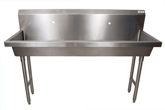 BK Resources MSHS-60F1 60" 2-Station Stainless Steel Freestanding Handwash Sink, Single Hole Splash Mount