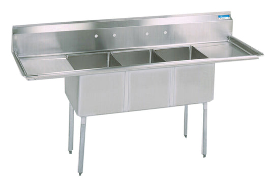 BK Resources ES-3-24-14-24T 3-Compartment Stainless Steel Economy Sink Dual 24" Drainboards 24L X 24W X 14D Bowls