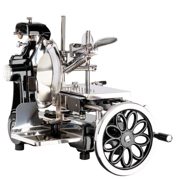Omcan 46089 12-inch Black Manual Blade Volano Slicer with Flower Flywheel Luxury Model