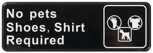 Winco SGN-332 3" x 9" Black Information Sign - "No Pets, Shoes Required"