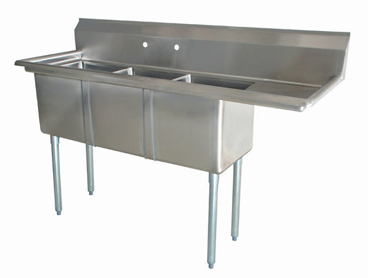Omcan 25272 18" x 21" x 14" Three Tub Sink with 1.8" Corner Drain and Right Drain Board