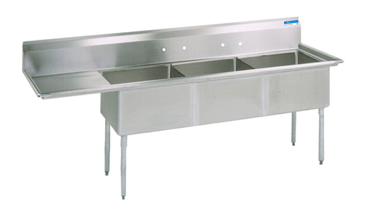 BK Resources BKS-3-24-14-24L 3-Compartment Stainless Steel Sink w/ 24" Left Drainboard 24L X 24W X 14D Bowls