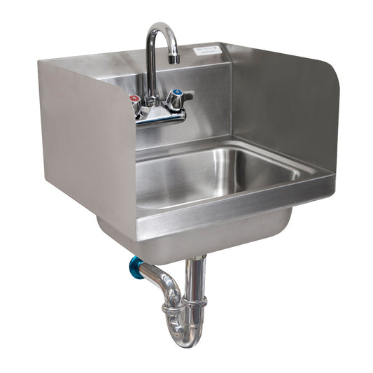 BK Resources BKHS-W-1410-SS-PT-G Stainless Steel Hand Sink w/ Side Splashes, Faucet, P-Trap 2 Holes