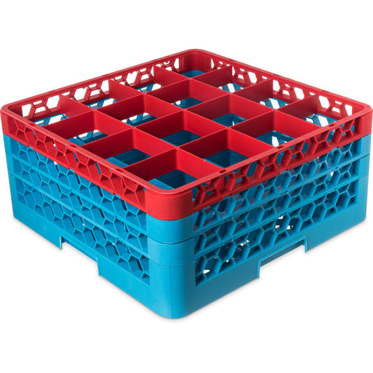 Carlisle RG16-3C410 Red-Carlisle Blue 16-Compartment Polypropylene OptiClean Divided Glass Rack with 3 Extenders 8.72"