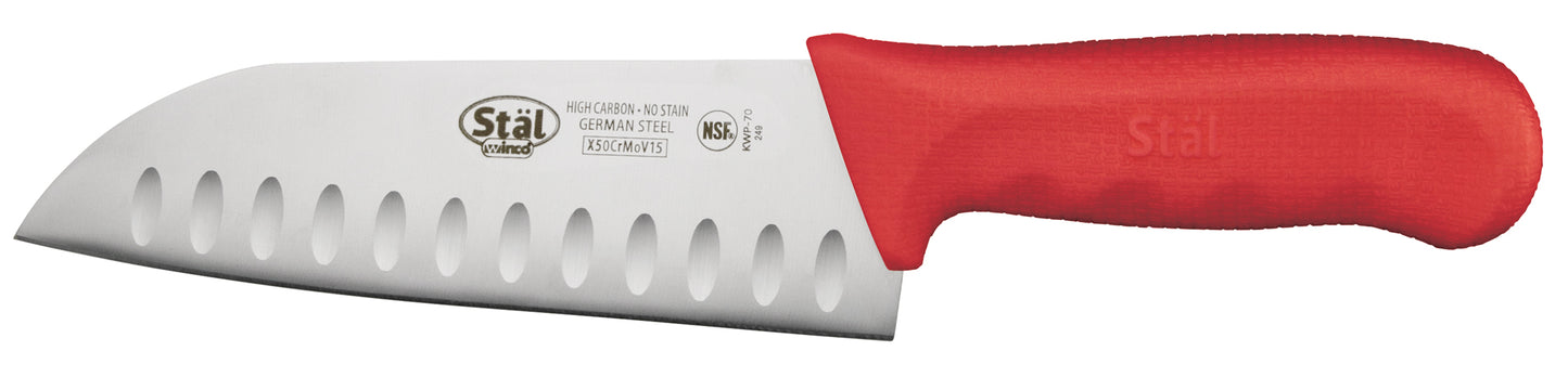 Winco KWP-70R 7" Red Polypropylene Handle Santoku Knife