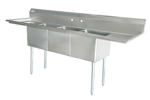 Omcan 25273 18" x 21" x 14" Three Tub Sink with 1.8" Corner Drain and Two Drain Boards