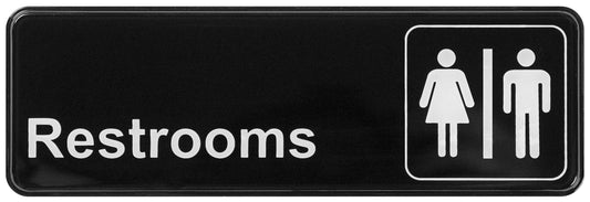 Winco SGN-313 3" x 9" Black Information Sign - "Restrooms"
