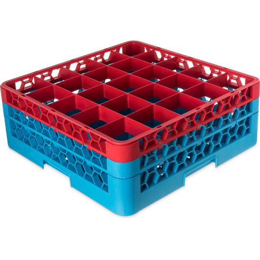 Carlisle RG25-2C410 Red-Carlisle Blue 25-Compartment Polypropylene OptiClean Divided Glass Rack with 2 Extenders 7.12"