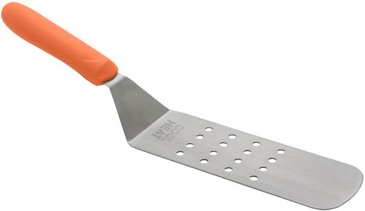 Winco TNH-91 Orange Nylon Handle High Heat Perforated Flexible Turner w/ Offset, 8-1/4"x2-7/8" Blade