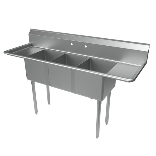 BK Resources BKS-3-1416-12-12T 3-Compartment Stainless Steel Convenience Store Sink Dual 12" Drainboards 16L X 14 X12D