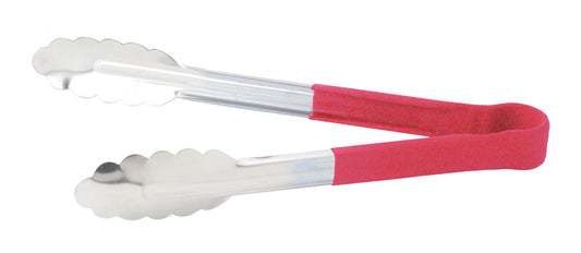 Winco UTPH-9R 9" Red Stainless Steel Utility Tong, Polypropylene Handle