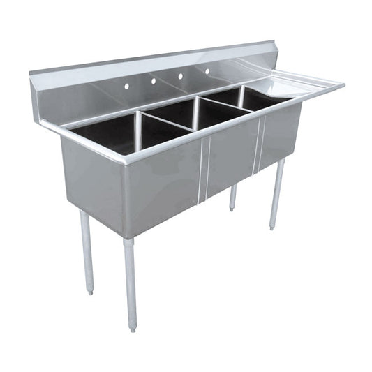 Omcan 43788 24" x 24" x 14" Three Tub Stainless Steel Sink with 3.5" Center Drain and Right Drain Board