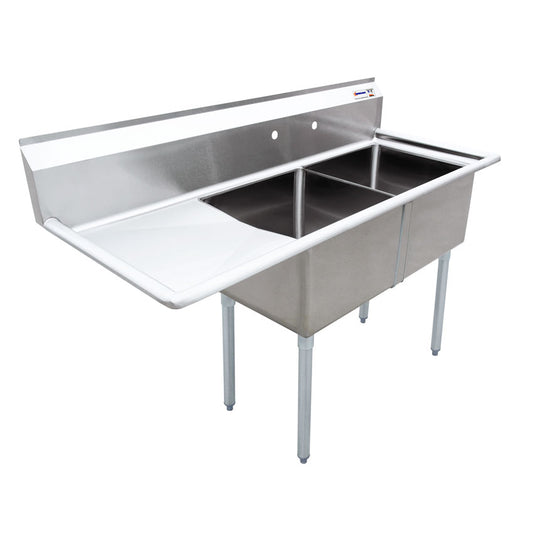 Omcan 43790 24" x 24" x 14" Two Tub Sink with 3.5" Center Drain and Left Drain Board
