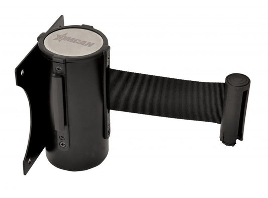 Omcan 41155 Black Painted Steel Wall-Mounted Crowd Control System with Retractable Belt Barrier
