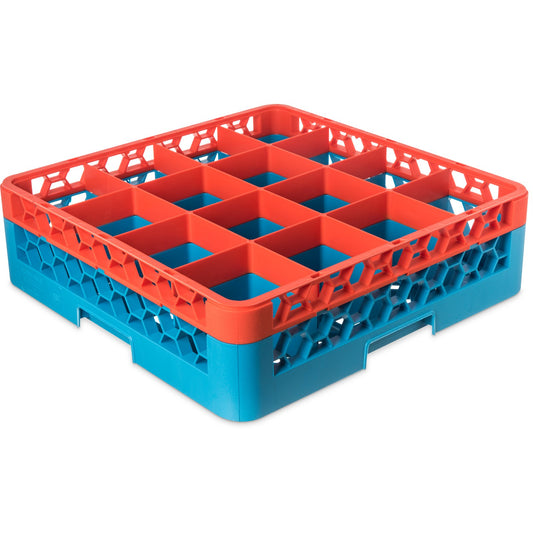 Carlisle RG16-1C412 Orange-Carlisle Blue 16-Compartment Polypropylene OptiClean Divided Glass Rack with 1 Extender 5.56"