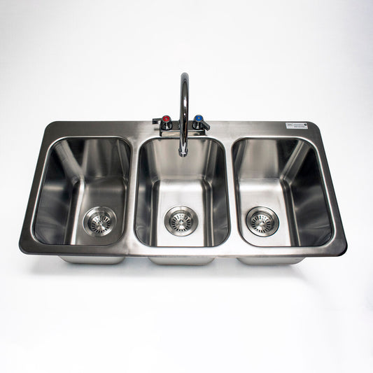 BK Resources DDI3-10141024-P-G 3-Compartment Stainless Steel Dropin Sink 14L X 10W X 10D Bowls w/Faucet
