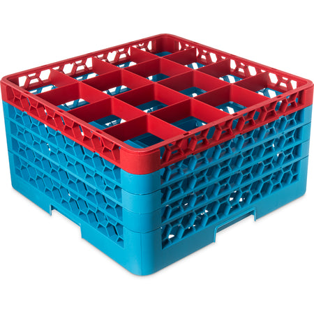 Carlisle RG16-4C410 Red-Carlisle Blue 16-Compartment Polypropylene OptiClean Divided Glass Rack with 4 Extenders 10.3"
