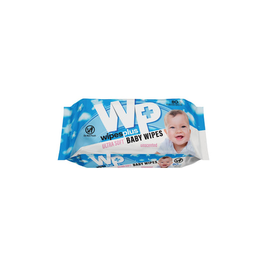 WipesPlus 67811 White Baby Wipes, Unscented, Flowpack (12/80s)