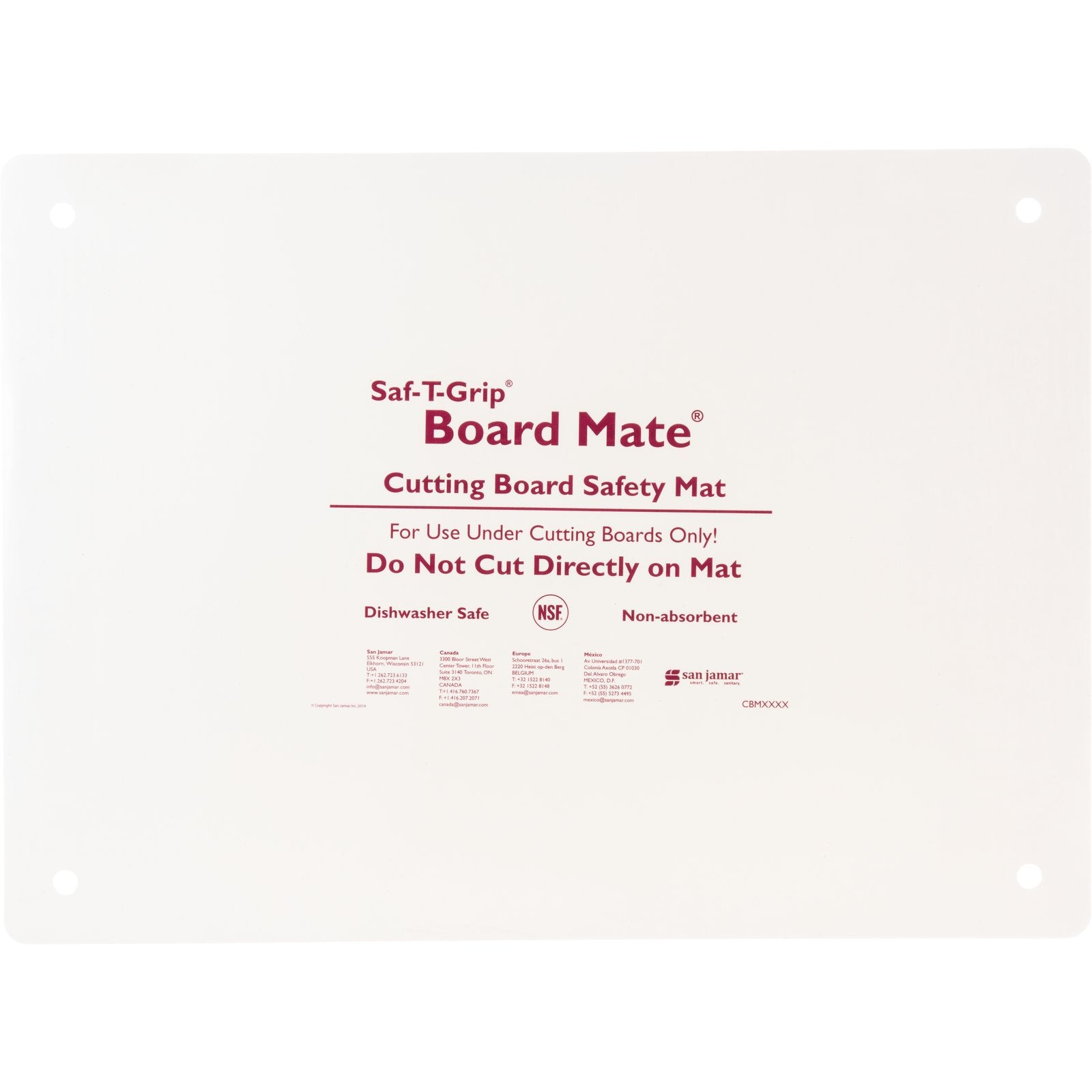 San Jamar CBM1622 16" x 22" White Saf-T-Grip Cutting Board Mate
