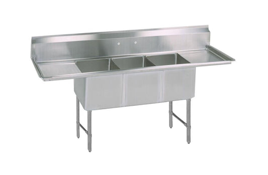 BK Resources BKS6-3-1620-14-24TS 3-Compartment Stainless Steel Sink 10" Riser, Dual 24" Drainboards 20L X 16W X 14D Bowls