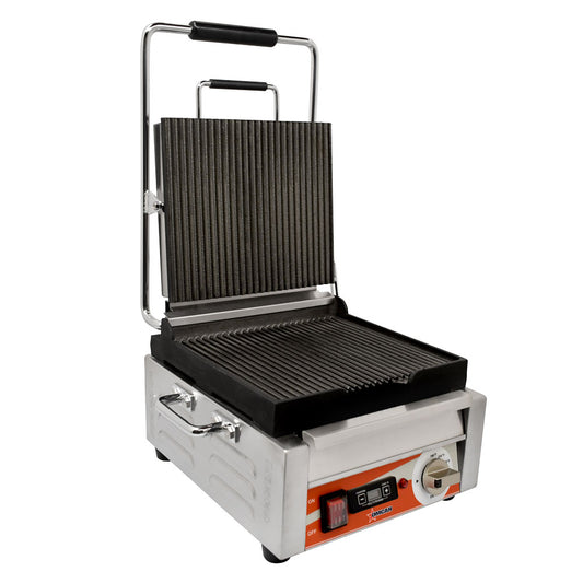 Omcan 42910 10" x 11" Single Panini Grill with Grooved Plates and Timer
