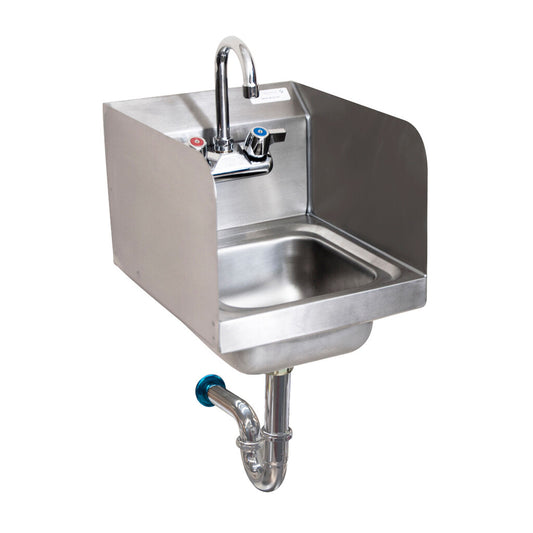 BK Resources BKHS-W-SS-SS-PT-G Stainless Steel Space Saver Hand Sink w/ Side Splashes, Faucet, 2 Holes, 9"W x 9"