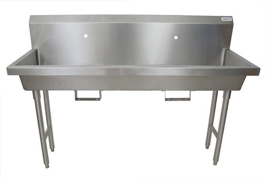 BK Resources MSHS-60F1B 60" 2-Station Stainless Steel Freestanding Handwash Sink, 1 Hole Splash Mount, Bracket