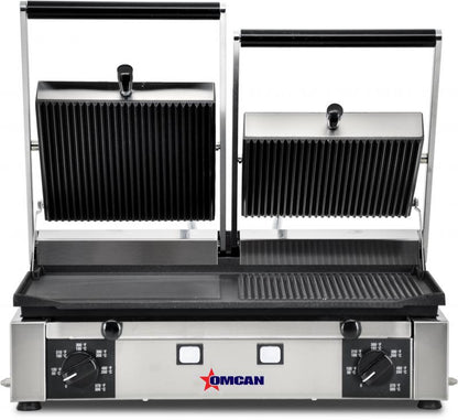 Omcan 11380 Elite Series 10" x 19" Double Panini Grill with Ribbed Top and 1/2 Grooved and Smooth Bottom Grill Surface