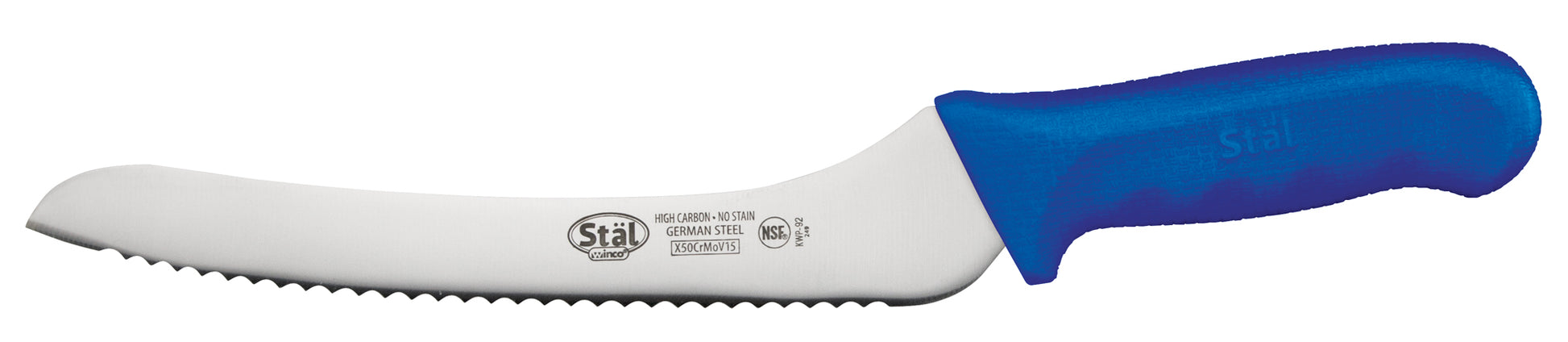 Winco KWP-92U 9" Blue Polypropylene Handle Offset Bread Knife
