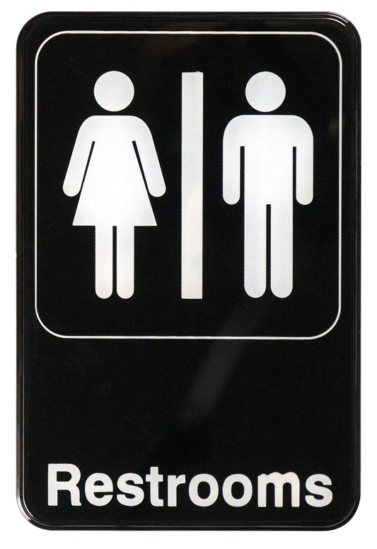 Winco SGN-603 6" x 9" Black Information Sign - "Restrooms"