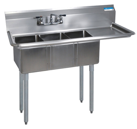 BK Resources BKS-3-1014-10-15RS 3-Compartment Stainless Steel Sink 10" Riser, Dual 24" Drainboards 20L X 16W X 14D Bowls