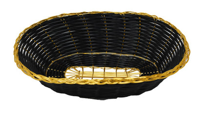 Omcan 47194 9" x 6.25" x 2.25" Black Long Oval Woven Basket with Golden Trim