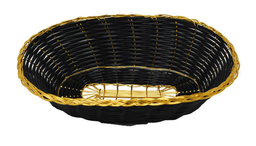 Omcan 47194 9" x 6.25" x 2.25" Black Long Oval Woven Basket with Golden Trim