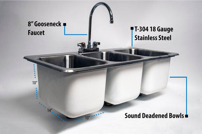 BK Resources DDI3-10141024-P-G 3-Compartment Stainless Steel Dropin Sink 14L X 10W X 10D Bowls w/Faucet