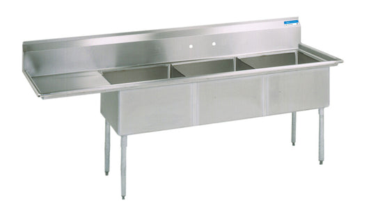BK Resources BKS-3-1824-14-24L 3-Compartment Stainless Steel Sink w/ 24" Left Drainboard 24L X 18W X 14D Bowls