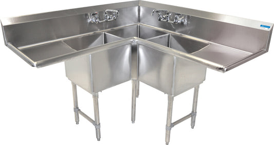 BK Resources BKCS-3-18-14-24T 3-Compartment Stainless Steel Corner Sink, 18X18X14 Bowls, 2-24 DB
